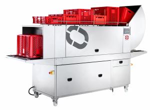 Tunnel de lavage, lave caisses JEROS 220-XT avec caisses, cagettes en cours de traitement